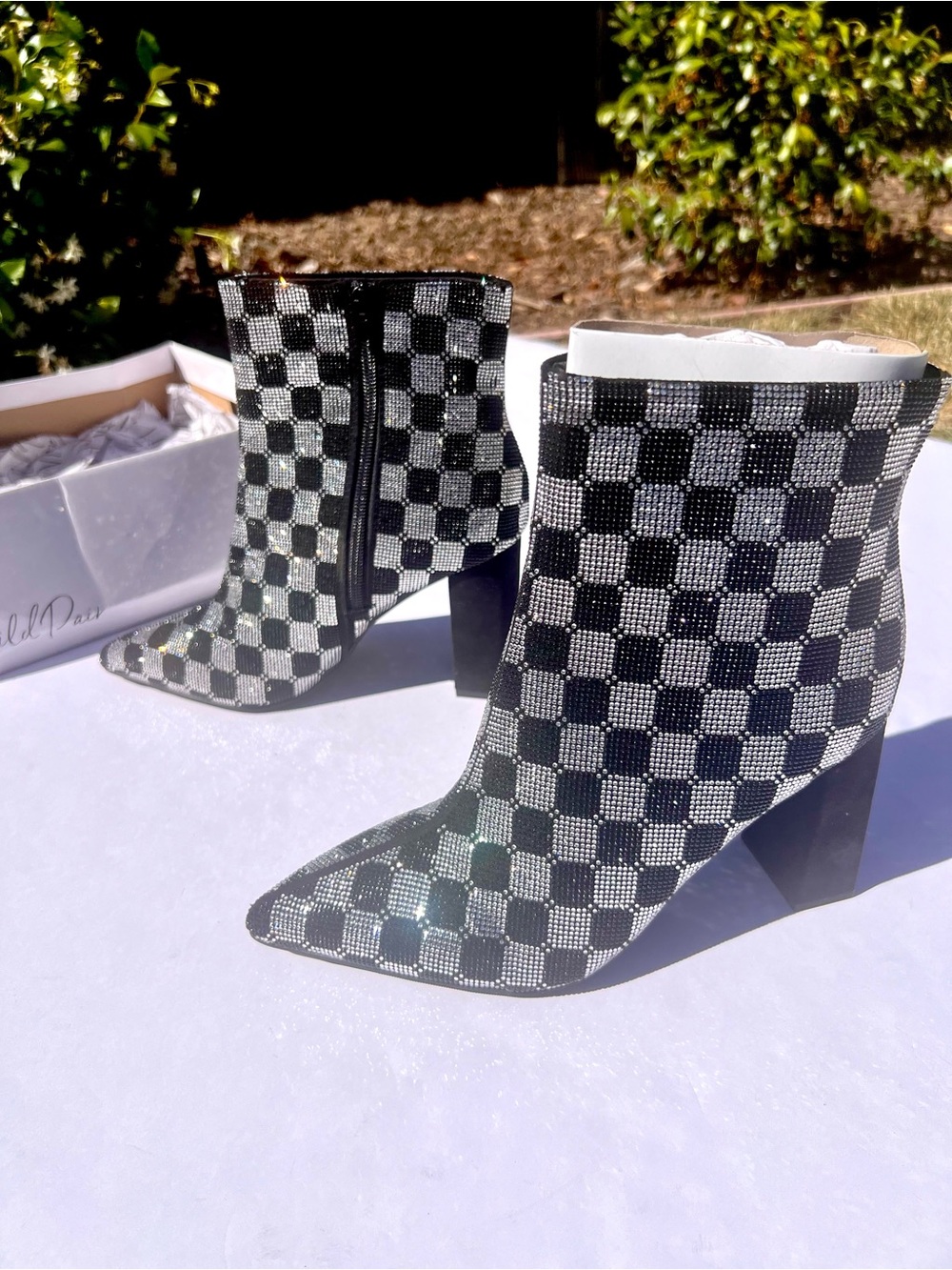 Crystal Checkerboard Go-Go Ankle Booties - Black & Silver Geometric Rhinestones